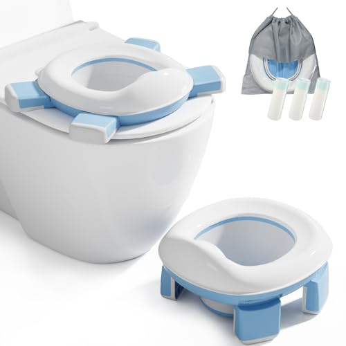 DEANIC 2-i-1 resepotta för småbarn, potträning toalett för 1-4 år pojkar flickor, bärbara potties med 60 st pottfoder utomhusbruk, vikbar resetoalett barn campingpark, blå