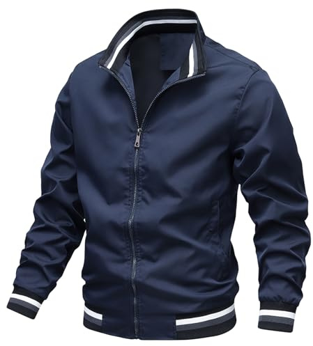 Mens Jacket Thin Bomber Jacket Outdoor Lightweight Hiking Jacket Casual Windbreaker Coats with Zip Pockets Blue M