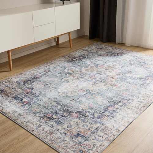 benuta Basic Waschbarer Teppich George - Blau 120x170 cm - Kunstfaser - Rechteckig & im Style: Vintage, Elegant, Retro - Pflegeleicht für Wohnzimmer Schlafzimmer