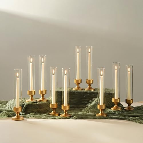 NUPTIO Hurricane Glass Candle Holder: Gold Candle Sticks Holder Tall Taper Candlestick Glass Cylinder - Set of 2 Wedding Centrepieces for Tables Fireplace Dining Table Decor | Gold Candlestick Holders Bulk with Sleeves for Outdoor Party Wedding Table Centerpiece Decoration