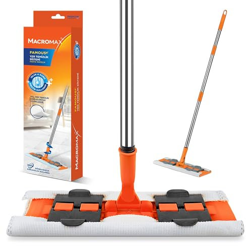 Macromax Famous Floor Cleaning System – Professional Flat Mop with Microfiber Pads, Multi-Surface Cleaner for Tile, Hardwood & Laminate Lightweight & Reusable Mop for Home and Commercial Use