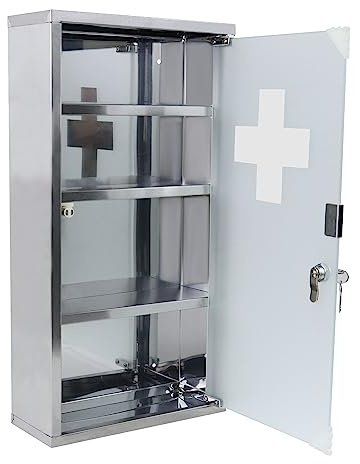 NAIZY Medizinschrank aus Edelstahl 4 Fächer Abschließbar Apothekerschrank mit Gefrosteter Glasmagnettür & 2 Schlüssel 30x12x57,5cm Arzneischrank