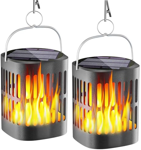 ZONJIE Solarleuchten Garten im Freien, 2er-Pack Solarlaterne für den Außenbereich, wasserdichte Metallhängelaterne für den Außenbereich Gartensolarleuchten mit realistischer flackernder Flammen-LED