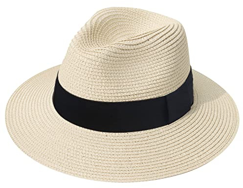 DRESHOW Damen Panama Hut Fedora Strand Sonnenhut Breiter Rand Stroh Aufrollen Hut UPF 50+