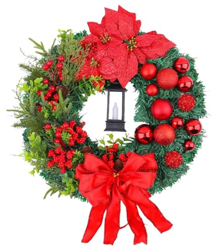 Corona navideña con Luces, Coronas navideñas Artificiales de 16 Pulgadas para la Puerta Delantera, Corona de Puerta con Cinta de Arco, Bolas y Bayas para decoración del Manto de la Ventana de Na.