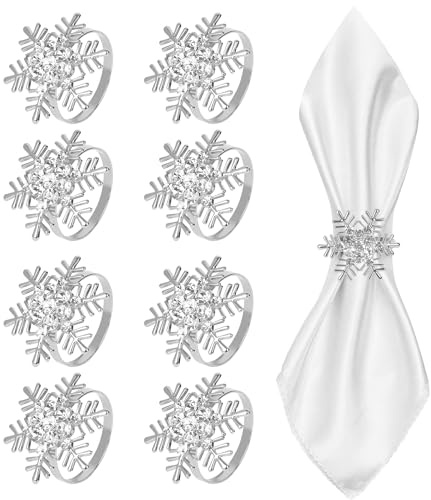 BUCOMTU Servilleteros De Navidad 8 Piezas Copo de Nieve Anillo de servilleta Servilletero para Decorar mesas en Bodas,Fiestas y Cenas de Navidad (Plata, Diámetro del Anillo Circular 4 cm)