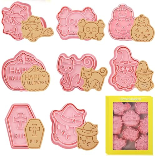 Halloween Cortadores Galletas, 8PCS Moldes Galletas Halloween,Kit de Hornear Con Divertida Cabeza de Calabaza,Cake Decoraciones Relieve Estampado Fondant Cortadores Hornear Set
