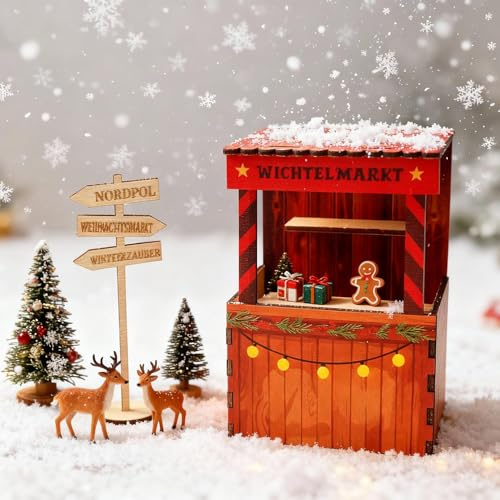 PIujsym Wichtel Zubehör Set Weihnachten komplett - Miniatur Wichtelhaus mit Wichtelmarkt, Wegweiser Dekoration, liebevoll gestaltetes Wichtelset für Weihnachtswichtel, Wichteltür und Wichtel