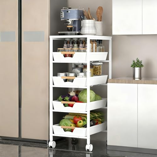 CarolynDesign Chariot utilitaire à 5 niveaux avec cadre en métal et dessus en bois, rangement multifonction à roulettes avec tiroirs coulissants pour cuisine, salon, salle de bain