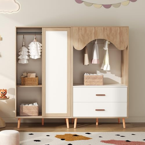 VSOGA Armoire combinée pour chambre à coucher, avec portes coulissantes et compartiment ouvert, meuble de chambre d'enfant en blanc et bois naturel, hauteur 141,5 cm