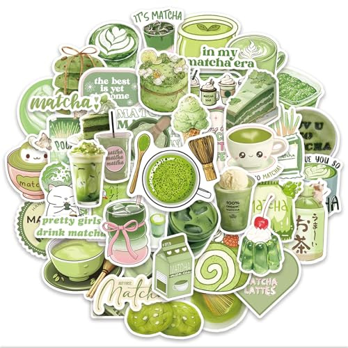 BelleFlair 100 PCS Matcha Green Tea Sticker Pack, Aesthetic Kawaii Decals, Waterproof Vinyl Stickers for Laptop, Kindle, Scrapbook, Journal, Cute Gifts for Teens.