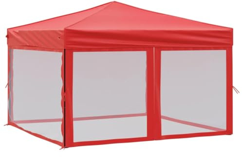Tente de Réception Pliable avec Parois Latérales en Maille, Auvent de Jardin Pliante pour Camping, Festival, Imperméable, 292x292x245 cm Rouge Tissu Oxford