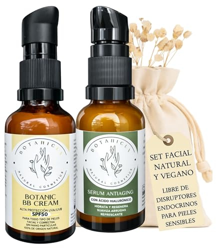 Set Cuidado Facial Vegano Antiaging BB Cream Con Protector Solar SPF50 Y Sérum Con Ácido Hialurónico Hidratante Reafirmante Libre De Disruptores Endocrinos Cosmética Limpia Piel Sensible