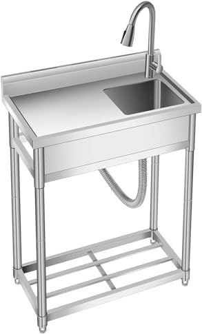 Diskbänk i rostfritt stål 76 × 41 × 102 cm fristående diskbänk 1 handfat, kommersiellt diskbänk med kran kallt och varmt vatten, för tvättstuga utomhuskök gastronomi butik restaurang
