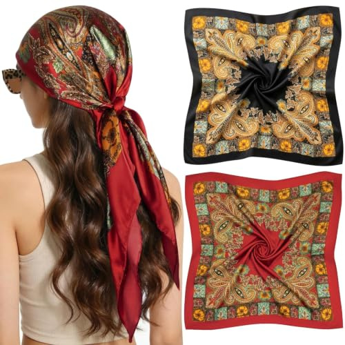 MELLIEX 2 Pezzi Große Quadratische Schals für Damen, Colorate Satin Kopftuch Bandanas, Elegantes Grafikdruck Seidentuchch Unisex Paisley Halstuch, 85 x 90 cm