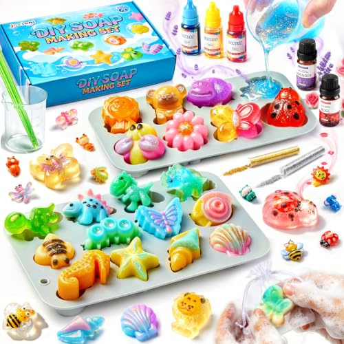 JOEJONI Seife selber machen Kinder Set, Bastelset ab 6 Jahre, DIY Soap Kit mit 20 Formen, Rohseife weiß/transparent, Flüssigfarben, Ätheröle, Glitzer, Zubehör, Geschenk für Mädchen Jungen