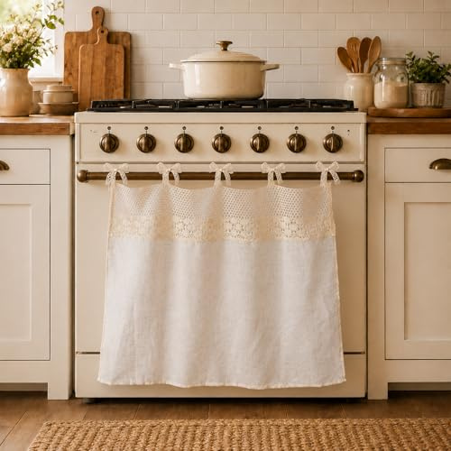 HonorHut Lace Oven Skirt Tie Back Beige Semi-Transparent Curtains