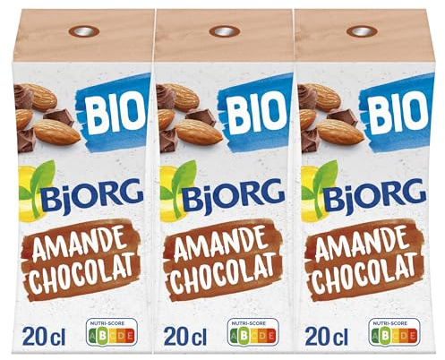 BJORG - Lait d'Amande Chocolat - Source de Calcium - 100 % Végétal - Pauvre en Acides Gras Saturés - Bio - 3 Mini Briques de 20cl
