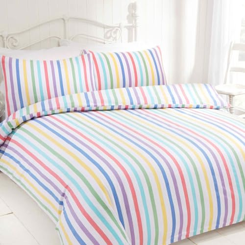 Rapport home Candy Stripe Double Duvet Cover Set - 100% Cotton, Multicolour Striped Pattern, Easy Care Bedding for Kids & Adults
