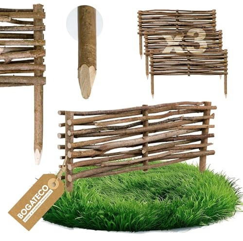 BOGATECO 3 x Haselnuss Beeteinfassung | 20 cm Hoch & 60 cm Lang | Staketenzaun Perfekt als Beet-Umrandung oder Weg-Abgrenzung Beeteinfassungen Beetbegrenzung