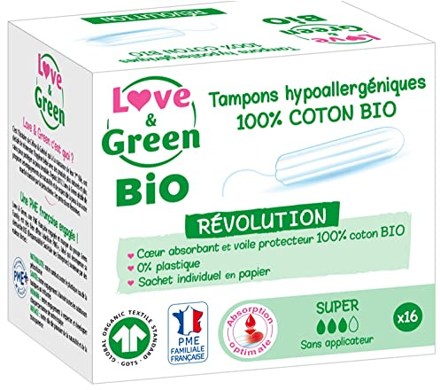 LOVE & GREEN - Tampons Coton Bio Super sans Applicateur - x16