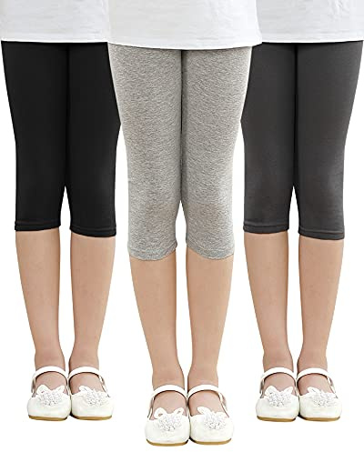 Adorel Mädchen Capri Leggings Baumwolle 3/4 Sommer Kurz Hosen Shorts 3er-Pack Schwarz & Hellgrau & Graphite Grau 146-152 EU (Herstellergröße 150)