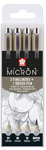 SAKURA Pigma Micron Fineliner Set - 4-teilig Light Cool Gray - Inklusive 01/05/10 & Pinselstifte - Schnell trocknende wasserfeste Tinte - Ideal für Illustrationen & Bullet Journale