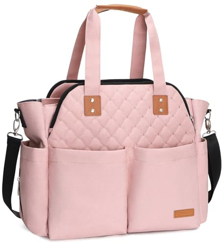 Lekebaby Baby Wickeltasche mit Wickelunterlage, 19 Taschen, Diaper Bag Bote Groß Reisewindeltasche für Mama und Papa, Multifunktions Babytasche für Reise, Rosa Gesteppt