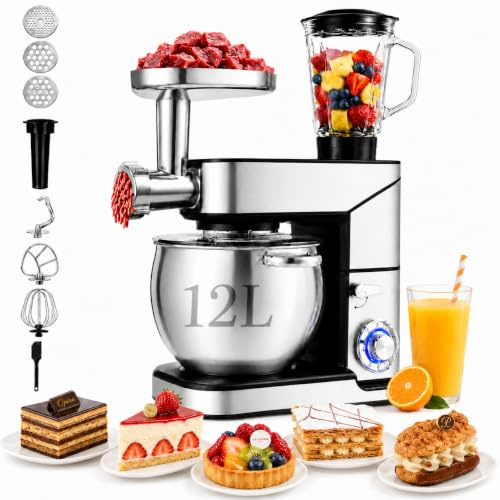Royal Swiss Robot de Cuisine Multifonction 3 en 1 2000 W professionnel, Robot Pâtissier Bol Inox 12 L, Blender 1,5 L, Hachoir à Viande, 6 Vitesses, Pétrin Planétaire, Fouet, Batteur, Argent