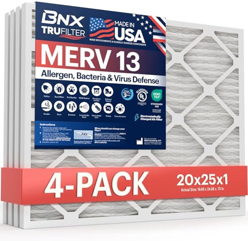 BNX TruFilter 20x25x1 MERV 13 (4-Pack) AC Furnace Air Filter,MADE IN USA,Electrostatic Pleated Air Conditioner HVAC AC Furnace Filters, Bacteria, Smoke (Actual Size: 19 11/16’’x24 11/16’’x3/4‘’)