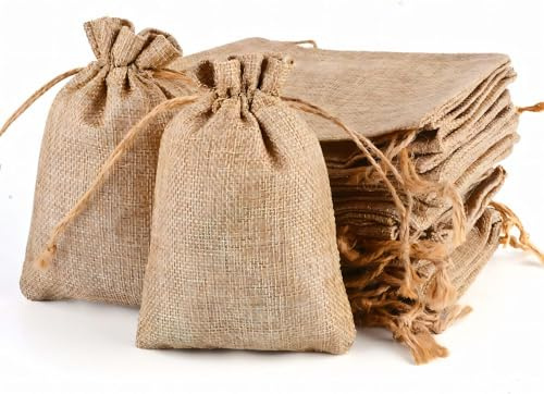MAOOY 25 Stück Jutesäckchen, 13x18cm Jute Beutel mit Kordelzug, Klein Leinensäckchen, Adventskalender Säckchen, Geschenksäckchen für Schmuck, Aufbewahrung, Hochzeit, Weihnachten, DIY (Primärfarbe)