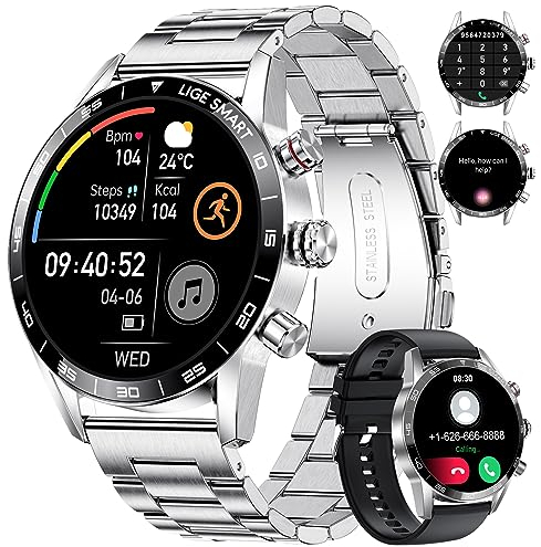 LIGE Smartwatch Herren 1.43 Zoll AMOLED-Display, Smartwatch mit Telefonfunktion und Sprachassistenz, Herzfrequenz SpO2 124 Sportmodi Fitnessuhr Smart Watch für Android iOS…