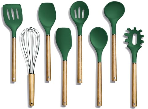 Country Kitchen Non Stick Silicone Utensil Set with Rounded Wood Handles for Cooking and Baking, 8 Piece Set, Green
