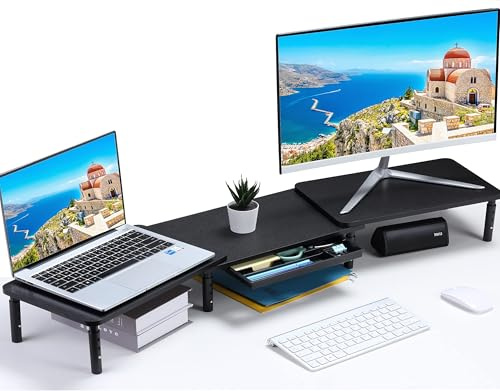 ETHU Dual Monitorständer Holz mit Schublade, Längenverstellbar, Schwarz | Ergonomische Bildschirmerhöhung für zwei Monitore; Verstellbare Länge und Winkel mit Handyhalter für Heimarbeit und Büro