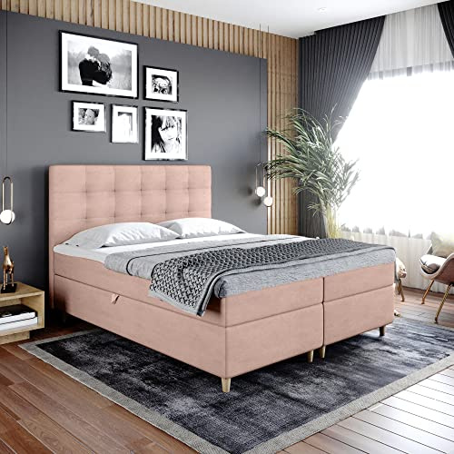 Boxspringbett Dante - Doppelbett, Bett mit Bonellmatratze und Topper, 2 Bettkästen für Bettwäsche, Polsterbett, Modern, Elegant, Schlafzimmer, Schlafzimmermöbel, Schlafzimmerbett (140x200, Rosa)