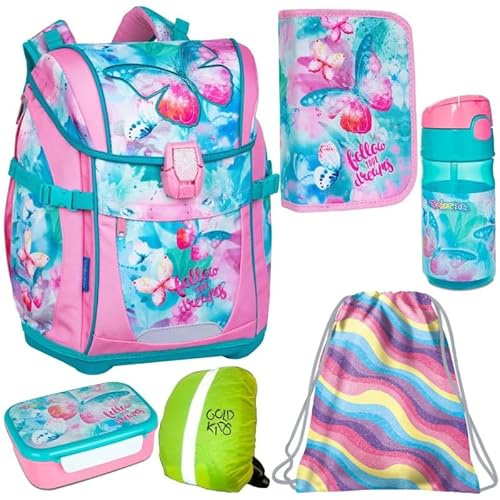 Schulranzen set Mädchen Set 6 Teilig ab 1. Klasse Schmetterling Ranzen Kinderrucksack Federmappe Turnbeutel Trinkflasche Brotdose Regenschutz Grundschule Ergonomischer Schulrucksack Reflektierend