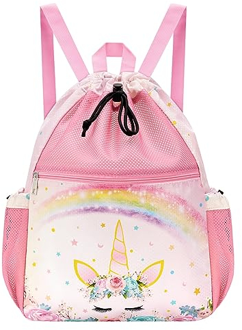 WAWSAM Kinder Mesh Rucksack - Einhorn Kordelzug Rucksack für Mädchen Mesh Gym Bag mit Reißverschluss Tasche Kinder Turnbeutel für Schwimmen Yoga Reisen