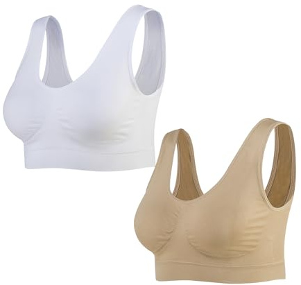 Lemef 2-pack sömlös sport-bh bygelfri yoga-bh med avtagbara dynor för kvinnor, Naken*vit (2-pack), S