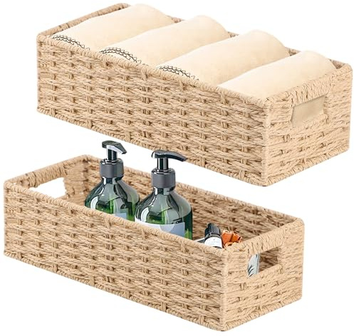 YheenLf Cesto Portaoggetti Intrecciato, Impilabile Organizer Armadio con Maniglia, Grande 37×16.5×11cm, Piccola 33×12.5×10cm, Set da 2 Decorazione Cestini Stoccaggio, Naturale
