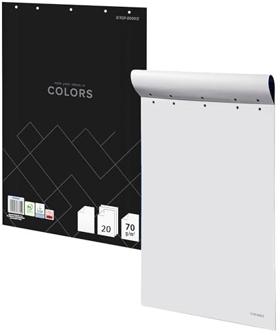 TOP 2000 Colors, Flipchart Papier 64x90 cm Blanko, Flipchart-Block 20 Blatt, 70 g/m² Grammatur, Tafelpapier, Ideal für Büros oder Konferenzräume, Geklebter Rücken, ein Stück, Weiß Papier, 400169248