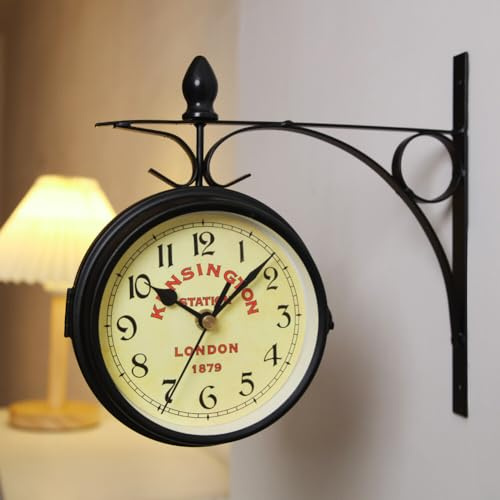 BYNYXI Bahnhofsuhr Doppelseitig, 12cm Durchmesser Vintage Wanduhr Ohne Tickgeräusche Retro Retro Schmiedeeisen Metall Wanduhren mit Halterung Runde Dekorative Stille Uhr für Cafe Bar Bibliothek