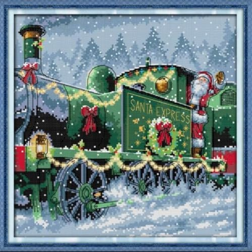 Gofission Kreuzstich Set Vorgedruckt Stickpackungen, Weihnachten Zug 11ct Stickset 41x41cm mit Stoff Vorlagen für Erwachsene Anfänger