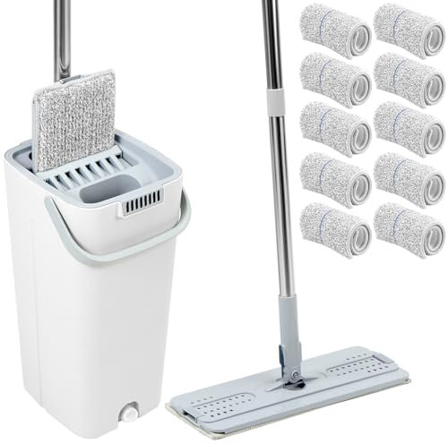 QWORK® Set di mocio e secchio strizzatore, sistema di pulizia multifunzionale a due camere, con 10 cuscinetti in microfibra e manico da 120 cm