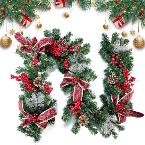 Weihnachtsgirlande für Kaminsims, 2,7 m Kamin, Weihnachtsdekoration mit Tannenzapfen, roten Beeren, Esszimmerfenster, Rattan-Türhänger für Weihnachtsbäume, Türen, Kamine