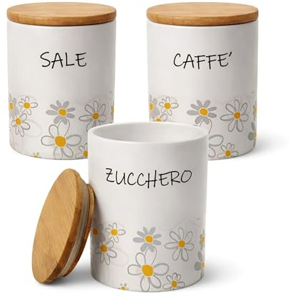 MECSAL CASALINGHI Set 3 Barattoli Decorati Contenitori, Tris Sale Zucchero Caffè, in Ceramica Tondi, con Tappo in Legno, Stile Shabby (1, Rotondo Daisy)