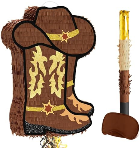 WERNNSAI Cowboy Pinata – Cowboy Deko Geburtstags Piñata Junge Erwachsene Cowboystiefel Piñata mit Stock Augenbinde Cowboyhut Pferd Pinata Deko Geburtstagsparty Western Dekoration Partyspiele | Cowboystiefel Piñata mit Stock Augenbinde, Western Party Deko, Hängende Stiefel Piñata, Partyzubehör