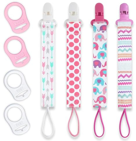 4 Pezzi Catenella Portaciuccio, Tessuto Catenella Ciuccio, Catenelle per Ciuccio, Porta Ciuccio Femmina Maschio, Cordino Ciuccio con 4 Pezzi Ciuccio Clip Adattatore per Neonato Doccia (Rosa)