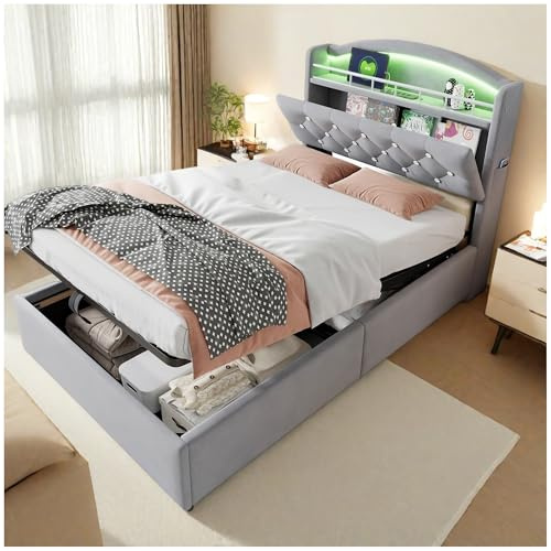 Wyibwy Gepolstertes Bett für Kinder, 90 x 200 cm, 3 USB+C, LED-Beleuchtung, Hydraulikbehälter, Behälter und Seitentaschen, multifunktional, Einzelbett, Samt, ohne Matratze, Grau