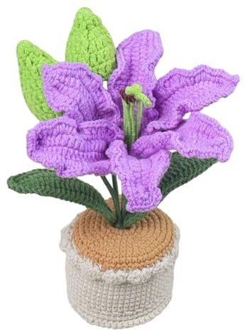 Magicherry Fertige gehäkelte Lilien-Topfpflanzen, gestrickte künstliche Lilienblumen mit exquisitem Topf, handgefertigte Blumen für Frauen und Zuhause, Büro, Auto, Armaturenbrett, Lila