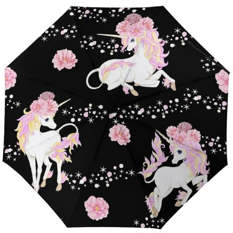 YBQLNP Kompakter Reise Regenschirm Niedliches Einhorn Taschenschirm Automatisch Auf Und Zu Faltbarer Sonnenschirm